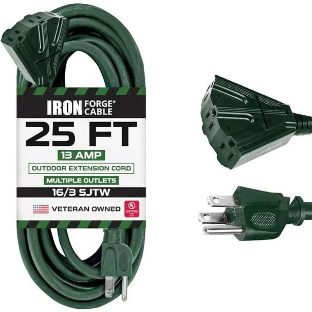 25Foot Outdoor Extension Cord with 3 Electrical Power Outlets -16/3 SJTW Durable
